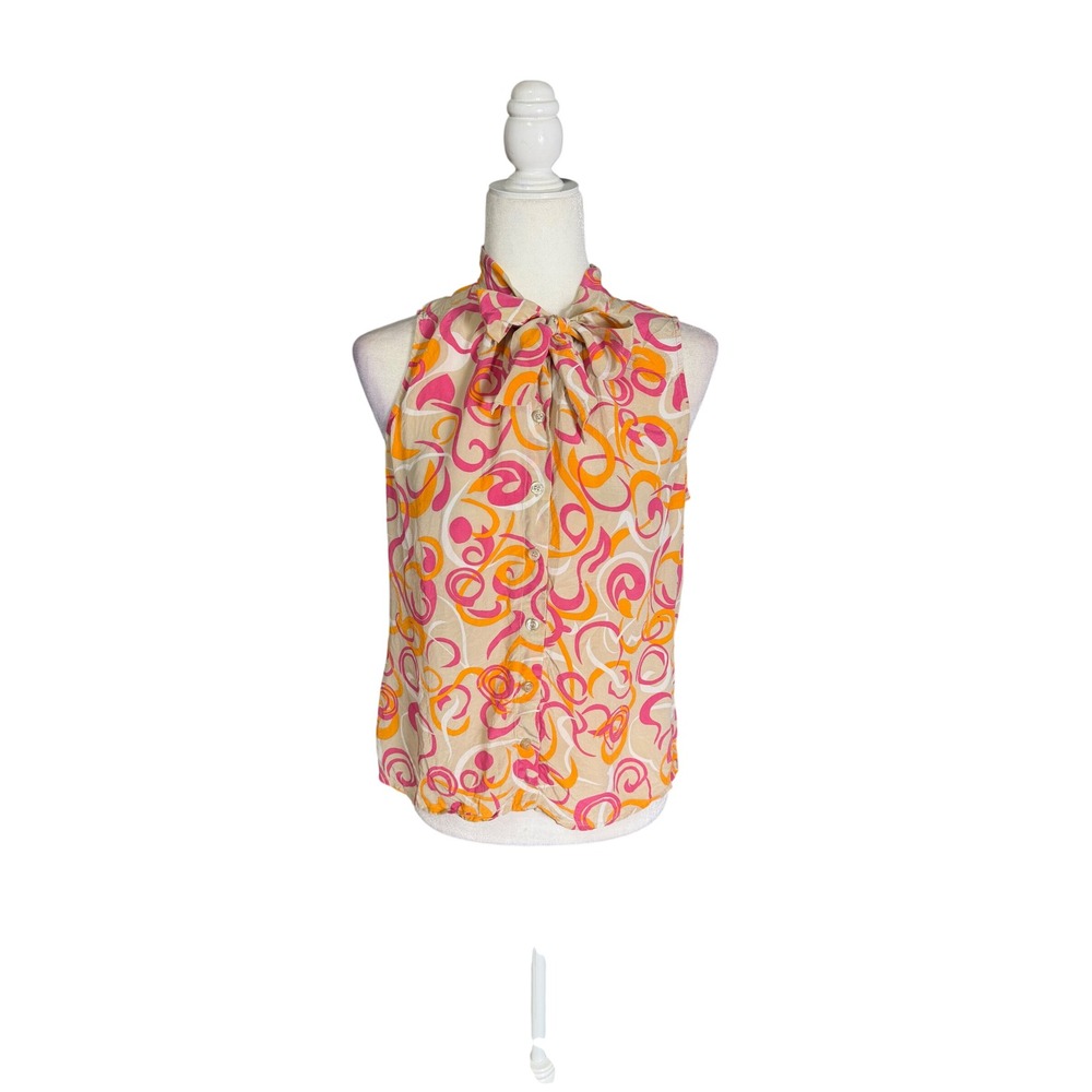 Y2K Mix It 100% Silk Retro Swirl Tie Neck Blouse Top Size 12
